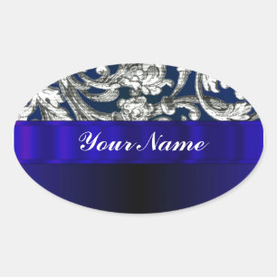 Pretty floral damask on blue oval sticker