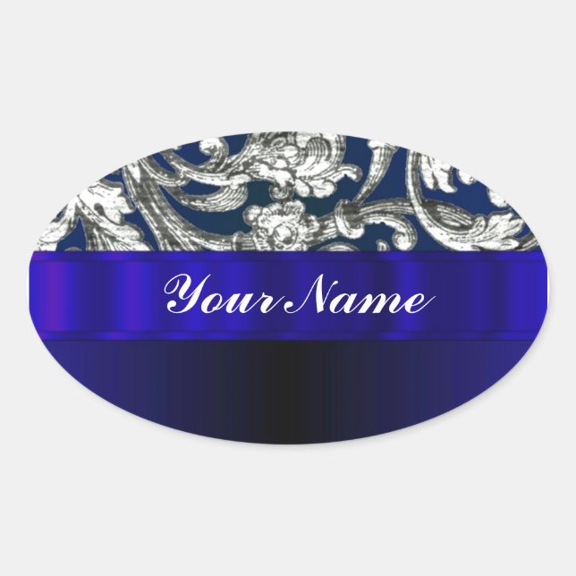 Pretty floral damask on blue oval sticker (Front)