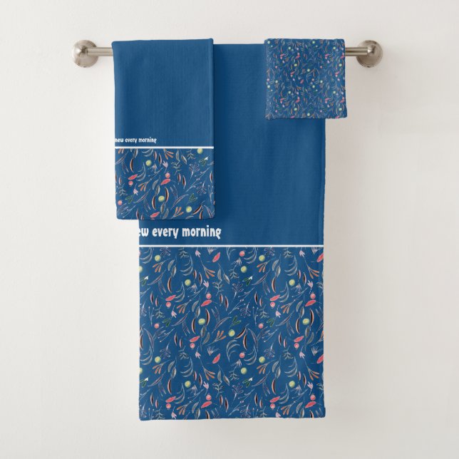 Pretty Floral DEEP BLUE Customisable Scripture Bath Towel Set (Insitu)