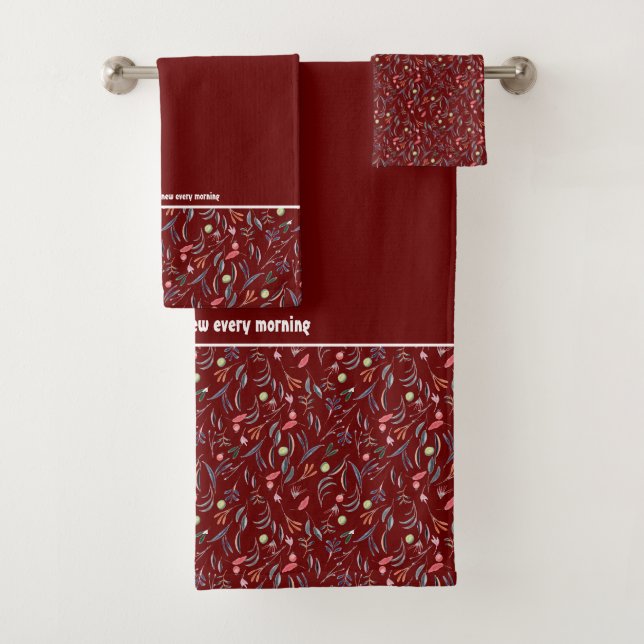 Pretty Floral DEEP RED Customisable Scripture Bath Towel Set (Insitu)