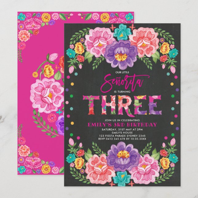Pretty Floral Fiesta Senorita Girl 3rd Birthday Invitation (Front/Back)
