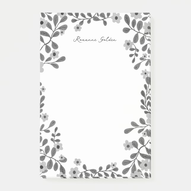 Pretty Floral Frame B&W CUSTOM NAME Notepad (Front)