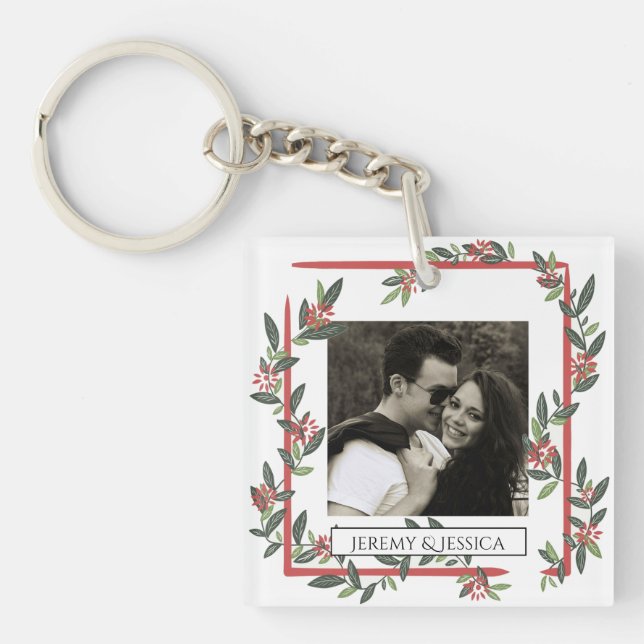 Pretty Floral Frame Custom Photo Personalised Key Ring (Front)