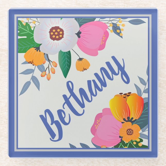 Pretty Floral Frame Personalised Glass Coaster (Front)