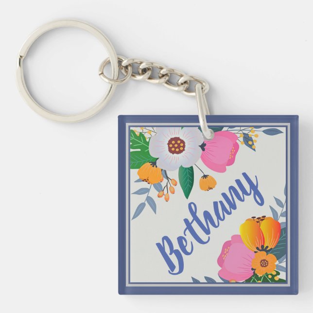 Pretty Floral Frame Personalised Key Ring (Front)