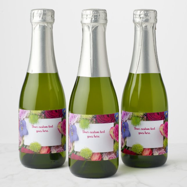 Pretty Floral Framed Roses Text Box Custom Sparkling Wine Label (Bottles)