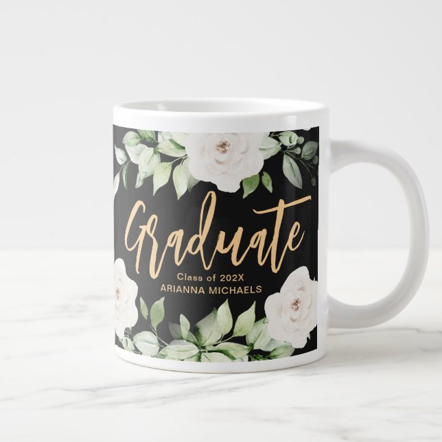 Pretty Floral Graduate Script Two Sided Black Large Coffee Mug (Right)