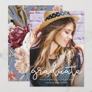 Pretty Floral Graduation Dusty Blue Photo Announcement