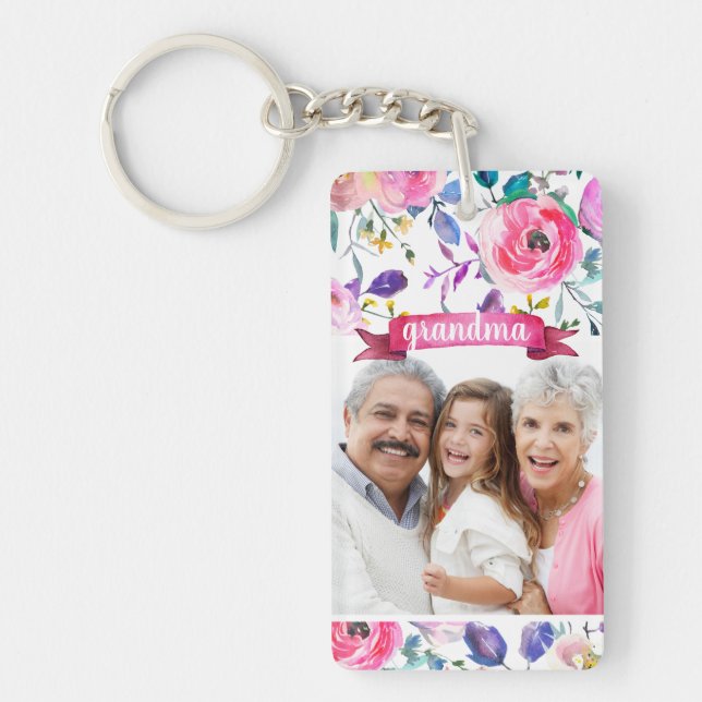 Pretty Floral Grandma Photo Key Ring (Front)