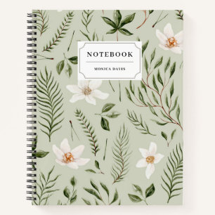Pretty Floral Green Gold White Botanical Pattern Notebook