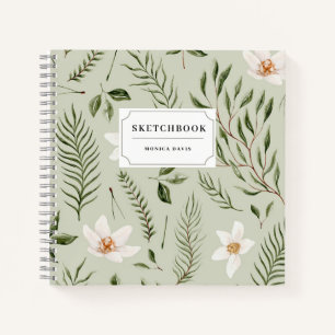 Pretty Floral Green Gold White Pattern Sketchbook Notebook