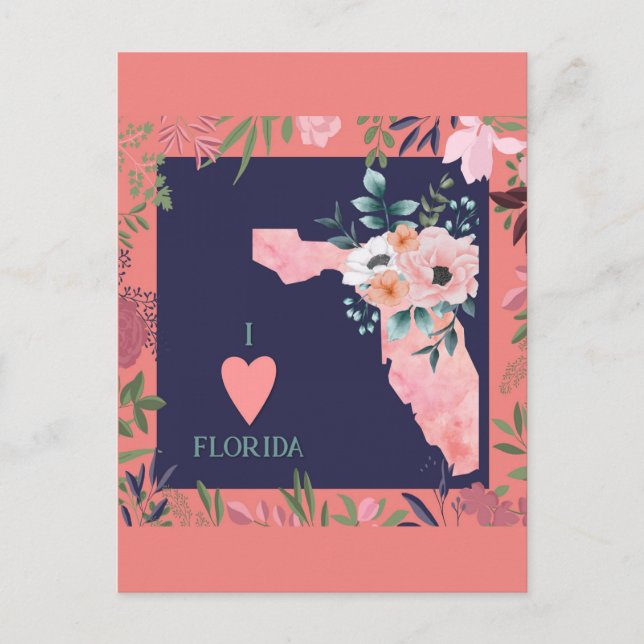 Pretty Floral I Love Florida State Map Postcard (Front)