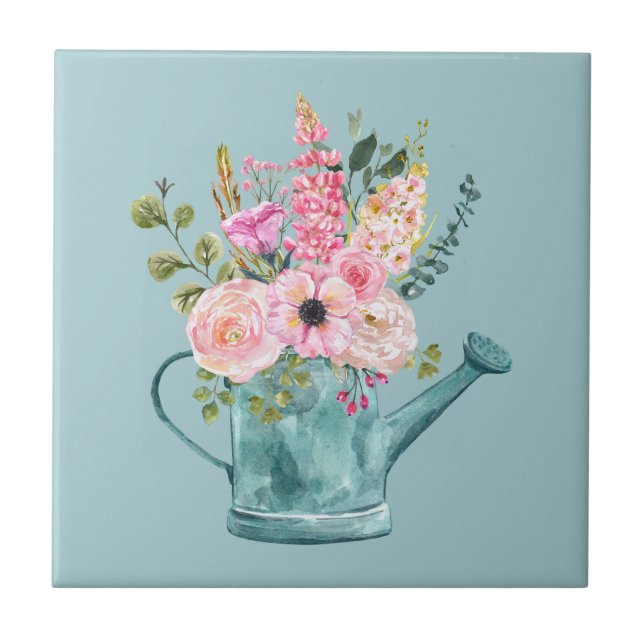 Pretty floral illustration Elegant attractive blue Tile (Front)