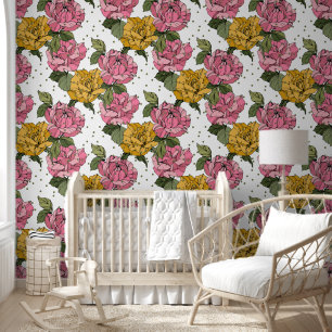Pretty floral in yellow and pink with cute dots wallpaper