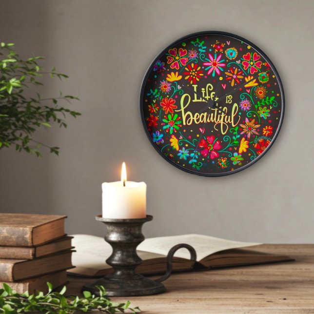 Pretty Floral Life is Beautiful Inspirivity Black  Square Wall Clock (Creator Uploaded)
