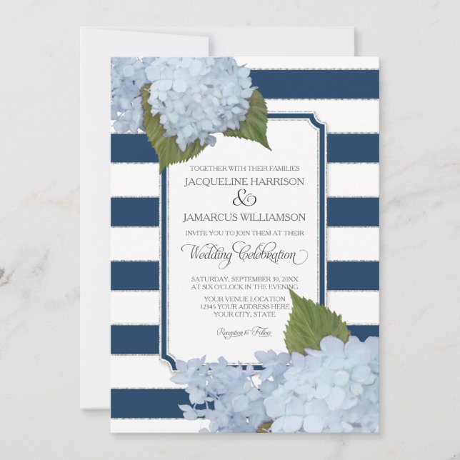 Pretty Floral Modern Elegant Navy White Stripe Invitation (Front)