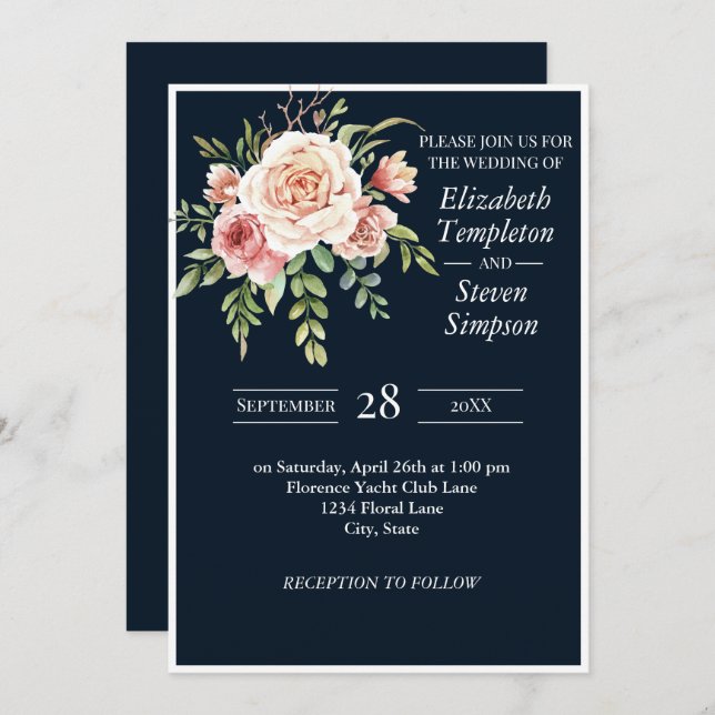 Pretty Floral Modern Navy Pink Bold Wedding Invitation (Front/Back)
