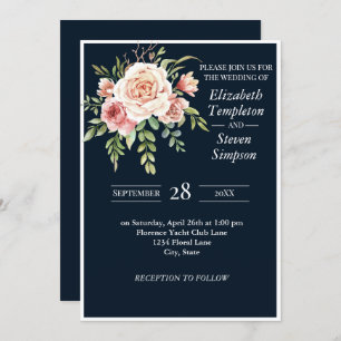 Pretty Floral Modern Navy Pink Bold Wedding Invitation