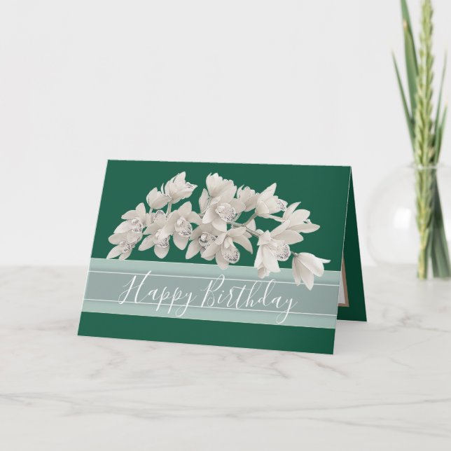 Pretty Floral Modern Orchid Flower Green Birthday Card (Front)