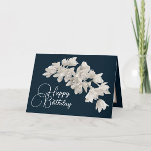 Pretty Floral Modern Orchid Flower Navy Birthday Card