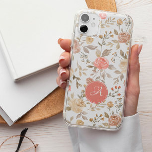 Pretty floral monogrammed pastel peach boho iPhone 16 case