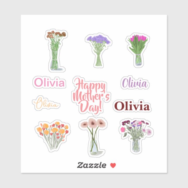 Pretty Floral Mother’s Day Stickers +Custom Names (Sheet)