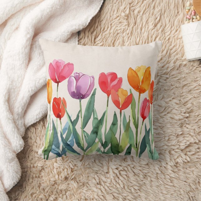 Pretty Floral Multicolor Tulips Throw Pillow (Blanket)