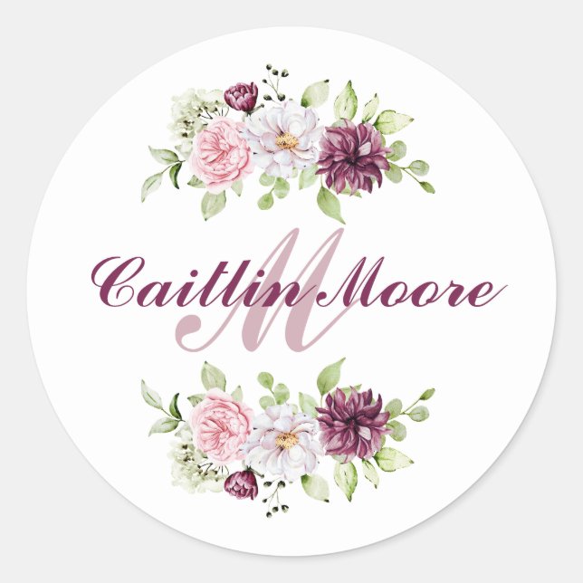 Pretty Floral Name & Initial Monogram Sticker (Front)