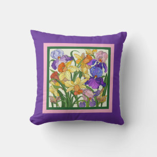 Pretty floral, painted irises on purple cushion