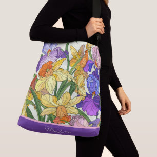 Pretty floral, painted irises, personalised crossbody bag