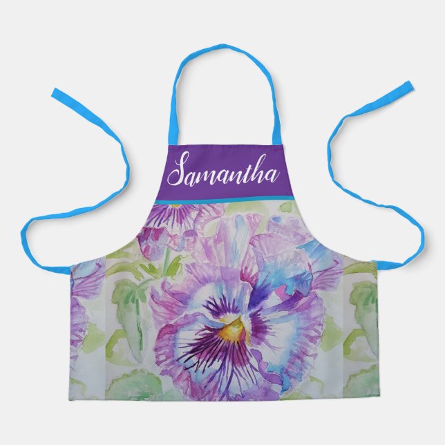 Pretty Floral Pastel Pansy Purple Girls Apron (Front)