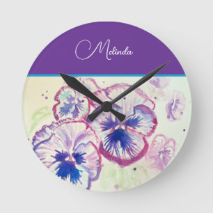Pretty Floral Pastel Pansy Purple Watercolor  Round Clock