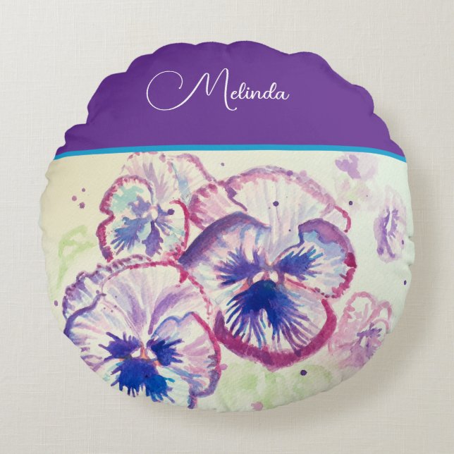 Pretty Floral Pastel Pansy Purple Watercolor  Round Cushion (Front)