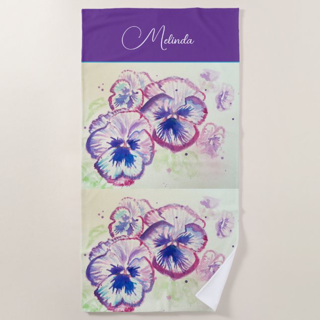 Pretty Floral Pastel Pansy Purple Watercolor Towel (Front)