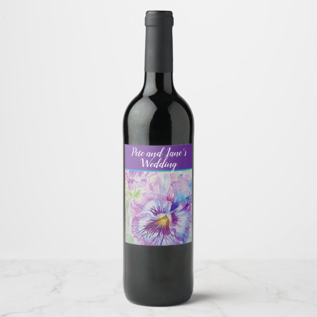 Pretty Floral Pastel Pansy Purple Watercolor  Wine Label (Front)