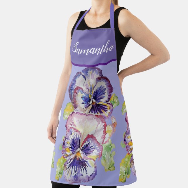 Pretty Floral Pastel Pansy Purple Womans Art Apron (Insitu)