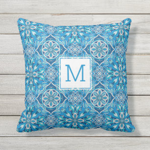 Pretty Floral Pattern Blue Geometric Tile Monogram Cushion