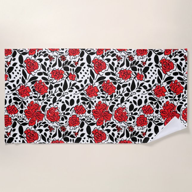 Pretty Floral Pattern in Red, Black and White Beach Towel (Front)