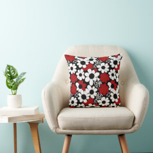 Pretty Floral Pattern in Red, Black and White Cushion