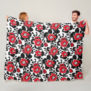 Pretty Floral Pattern in Red, Black and White Fleece Blanket