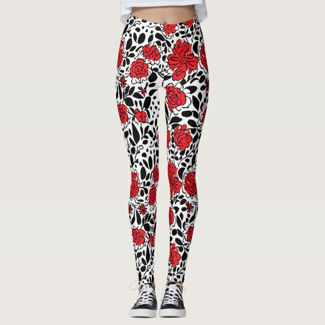 Pretty Floral Pattern in Red, Black and White Leggings (Front)
