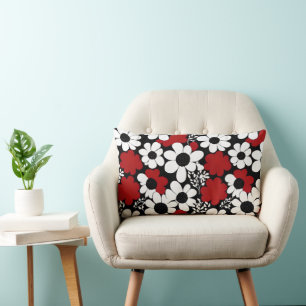 Pretty Floral Pattern in Red, Black and White Lumbar Cushion