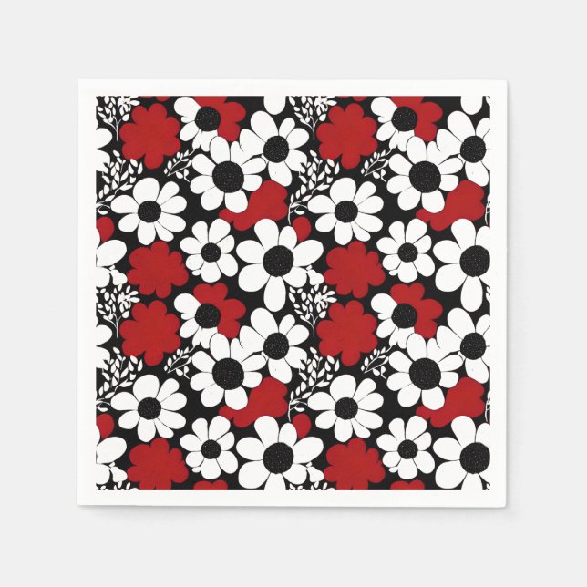 Pretty Floral Pattern in Red, Black and White Napkin (Front)