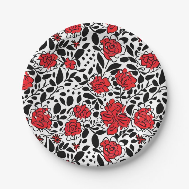Pretty Floral Pattern in Red, Black and White Paper Plate (Front)