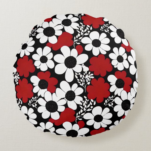 Pretty Floral Pattern in Red, Black and White Round Cushion (Front)