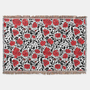 Pretty Floral Pattern in Red, Black and White Throw Blanket