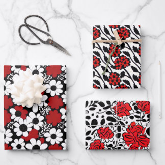 Pretty Floral Pattern in Red, Black and White Wrapping Paper Sheet