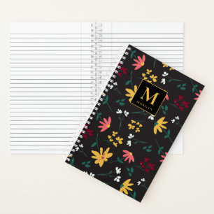 Pretty Floral Pattern on Black Personalised Notebook