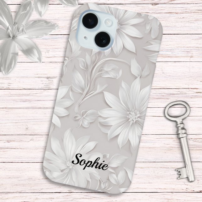 Pretty Floral Patterned Natural White Elegant Chic Case-Mate iPhone Case (A pretty floral phone case in light natural and white colors, personalized with a name)