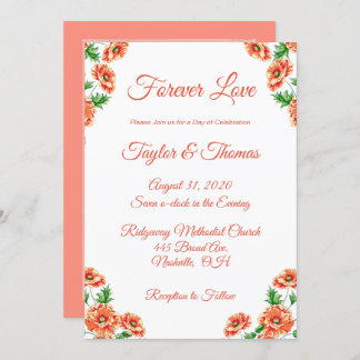 Pretty Floral Peach | Orange Script Wedding Invitation
